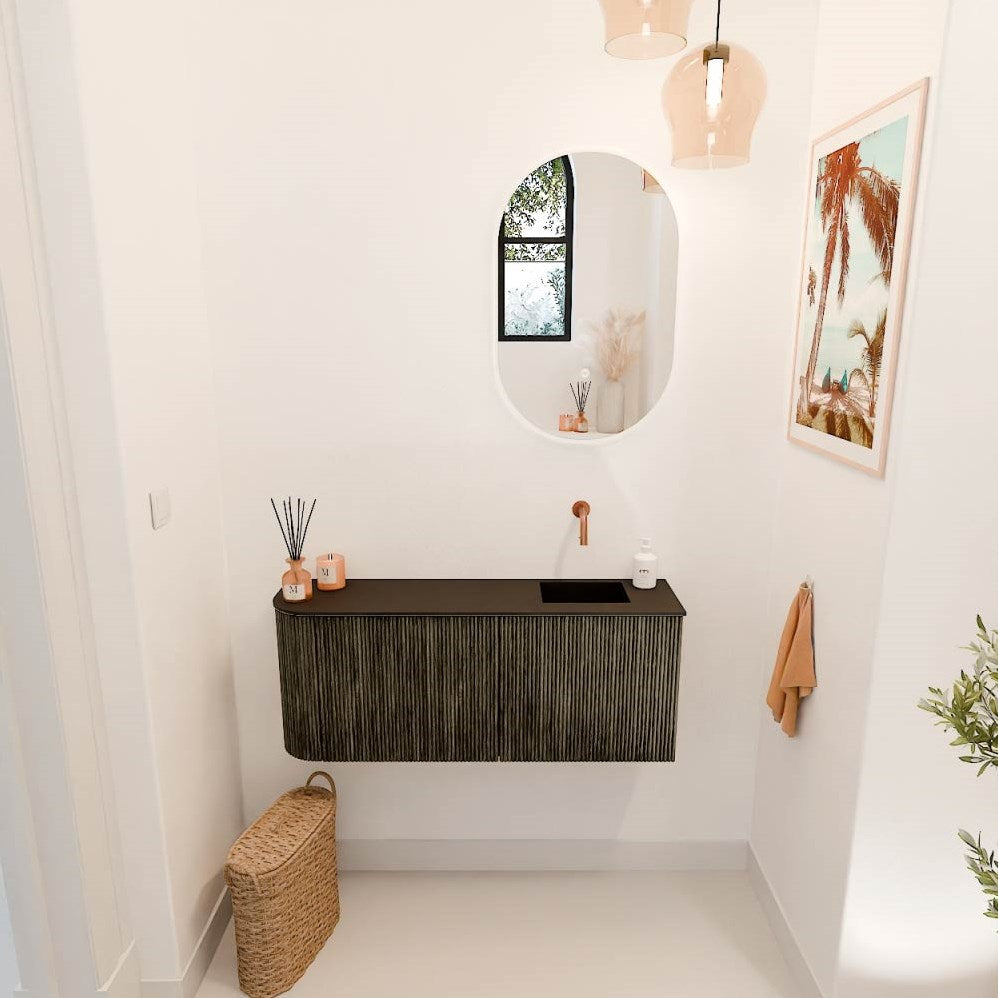 JOYA 101,6cm toiletmeubel ronding links kleur Shadow. Wastafel FAYE positie Rechts Zonder kraangat kleur Urban.