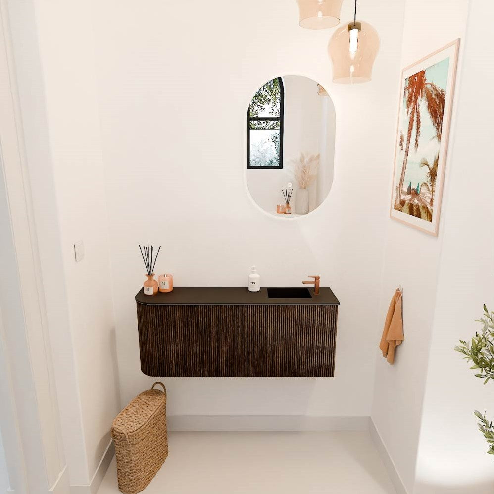 JOYA 101,6cm toiletmeubel ronding links kleur Walnut. Wastafel FAYE positie Rechts 1 kraangat kleur Urban.