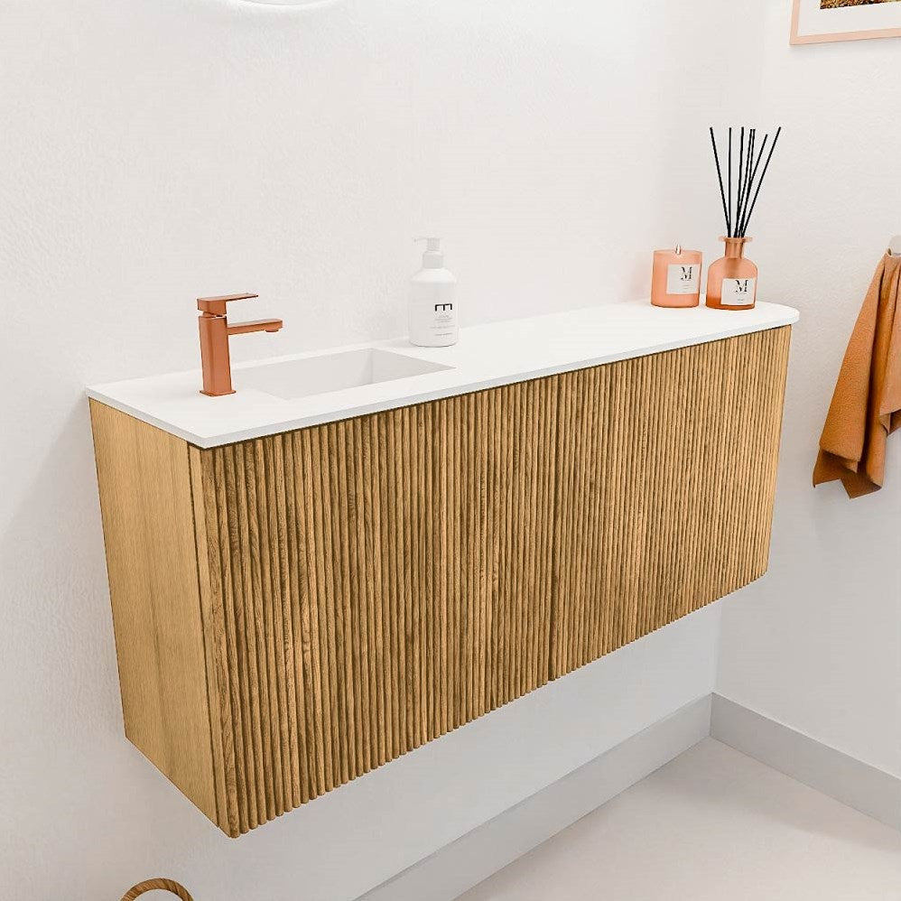JOYA 101,6cm toiletmeubel ronding rechts kleur Oak. Wastafel FAYE positie Links 1 kraangat kleur Talc.