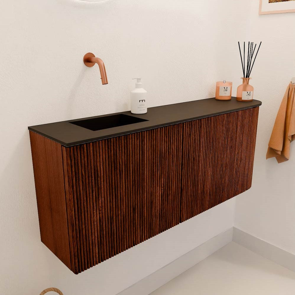 JOYA 101,6cm toiletmeubel ronding rechts kleur Ruby. Wastafel FAYE positie Links Zonder kraangat kleur Urban.