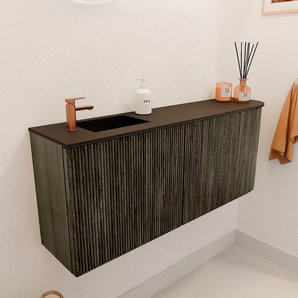 JOYA 101,6cm toiletmeubel ronding rechts kleur Shadow. Wastafel FAYE positie Links 1 kraangat kleur Urban.