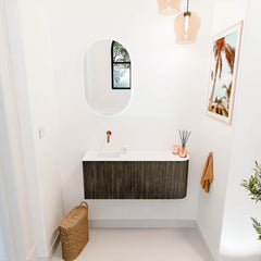 JOYA 101,6cm toiletmeubel ronding rechts kleur Shadow. Wastafel FAYE positie Links Zonder kraangat kleur Talc.