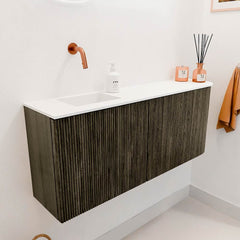JOYA 101,6cm toiletmeubel ronding rechts kleur Shadow. Wastafel FAYE positie Links Zonder kraangat kleur Talc.