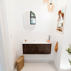 JOYA 101,6cm toiletmeubel ronding rechts kleur Walnut. Wastafel FAYE positie Links 1 kraangat kleur Talc.