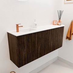 JOYA 101,6cm toiletmeubel ronding rechts kleur Walnut. Wastafel FAYE positie Links 1 kraangat kleur Talc.