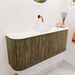 JOYA 103,2cm toiletmeubel ronding links + rechts kleur Dusk. Wastafel FAYE positie Midden Zonder kraangat kleur Talc.