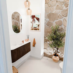 JOYA 103,2cm toiletmeubel ronding links + rechts kleur Walnut. Wastafel FAYE positie Midden 1 kraangat kleur Talc.