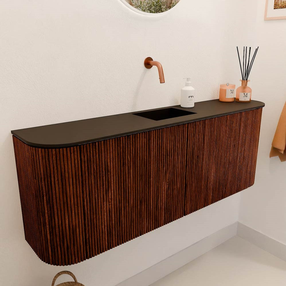 JOYA 113,2cm toiletmeubel ronding links + rechts kleur Ruby. Wastafel FAYE positie Midden Zonder kraangat kleur Urban.