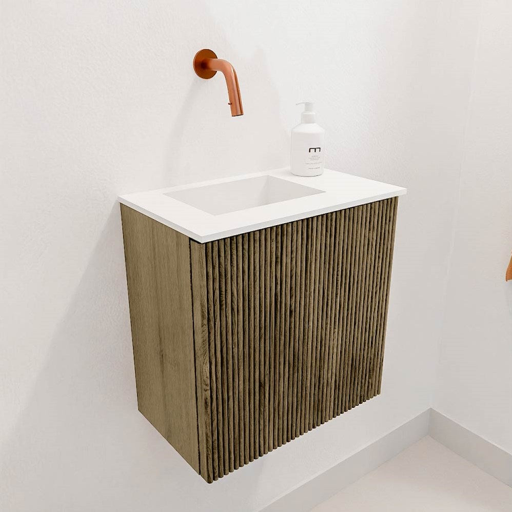 JOYA 40cm toiletmeubel kleur Dusk. Wastafel FAYE positie Links Zonder kraangat kleur Talc