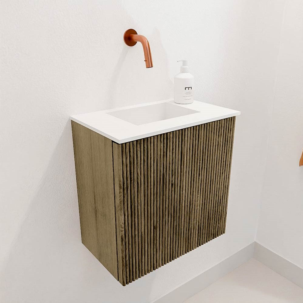 JOYA 40cm toiletmeubel kleur Dusk. Wastafel FAYE positie Midden Zonder kraangat kleur Talc.