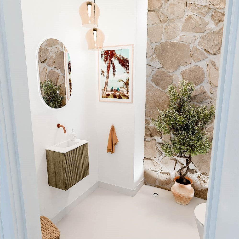JOYA 40cm toiletmeubel kleur Dusk. Wastafel FAYE positie Midden Zonder kraangat kleur Talc.