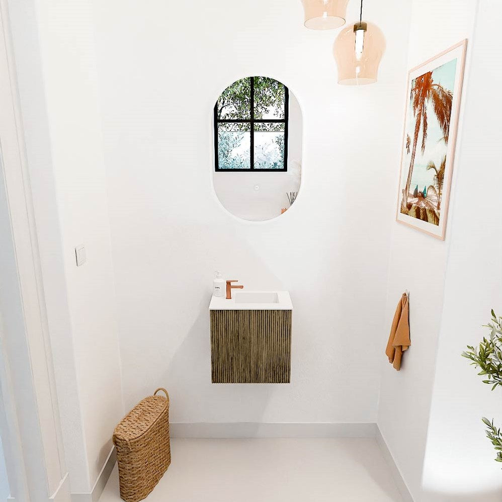 JOYA 40cm toiletmeubel kleur Dusk. Wastafel FAYE positie Rechts 1 kraangat kleur Talc.