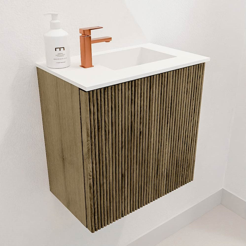 JOYA 40cm toiletmeubel kleur Dusk. Wastafel FAYE positie Rechts 1 kraangat kleur Talc.