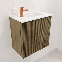 JOYA 40cm toiletmeubel kleur Dusk. Wastafel FAYE positie Rechts 1 kraangat kleur Talc.
