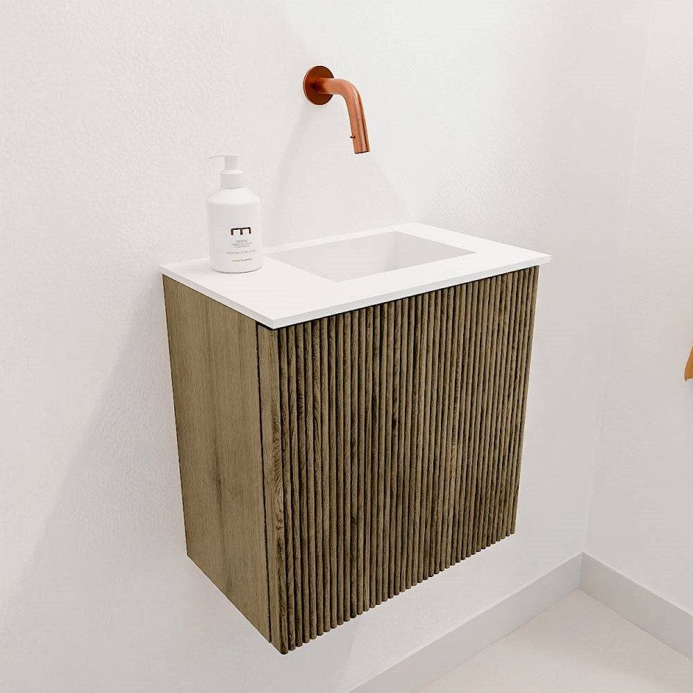 JOYA 40cm toiletmeubel kleur Dusk. Wastafel FAYE positie Rechts Zonder kraangat kleur Talc.