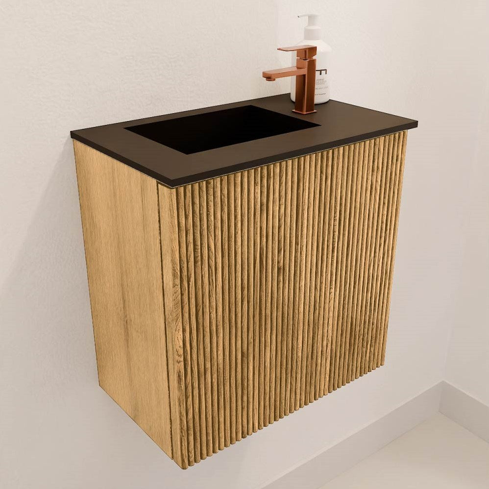 JOYA 40cm toiletmeubel kleur Oak. Wastafel FAYE positie Links 1 kraangat kleur Urban.