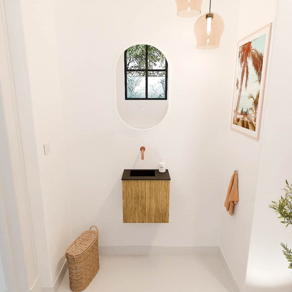 JOYA 40cm toiletmeubel kleur Oak. Wastafel FAYE positie Links Zonder kraangat kleur Urban