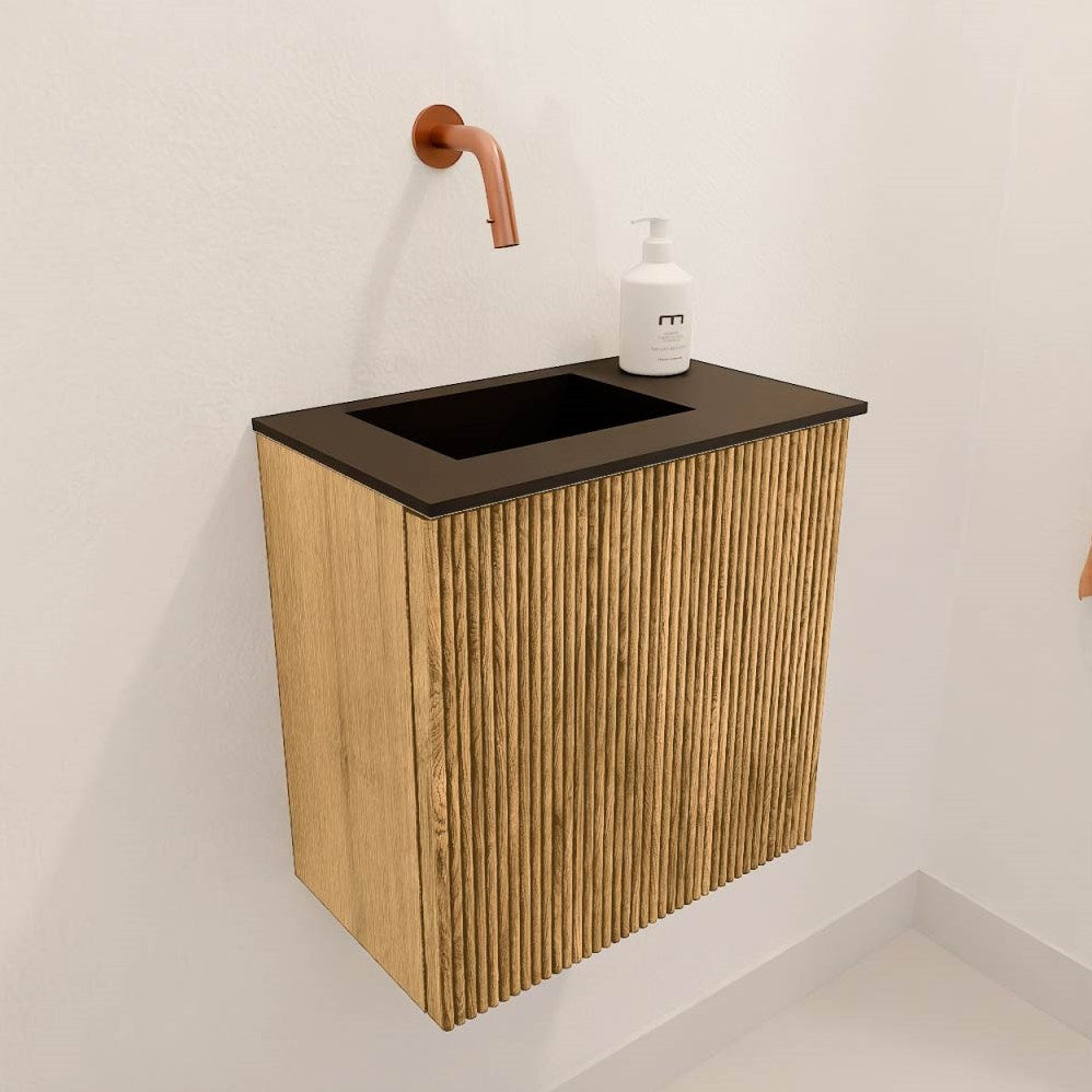 JOYA 40cm toiletmeubel kleur Oak. Wastafel FAYE positie Links Zonder kraangat kleur Urban