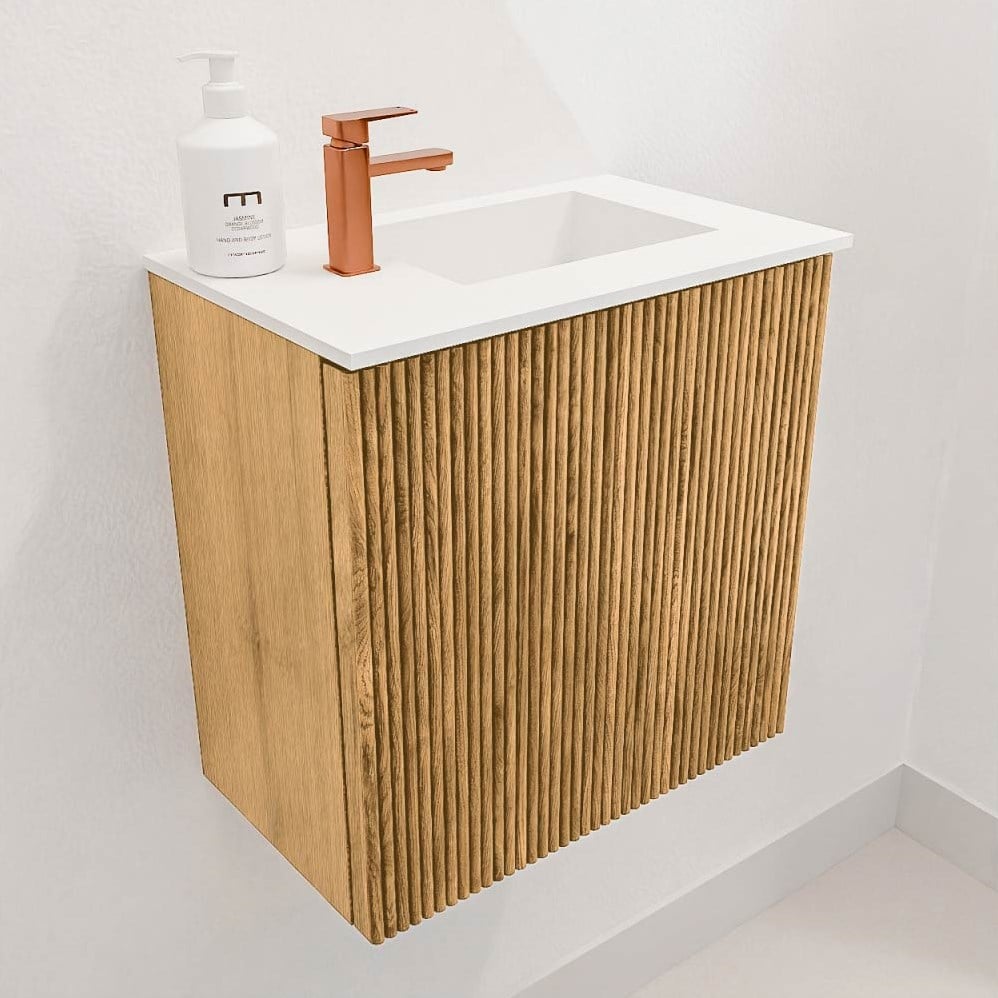 JOYA 40cm toiletmeubel kleur Oak. Wastafel FAYE positie Rechts 1 kraangat kleur Talc.