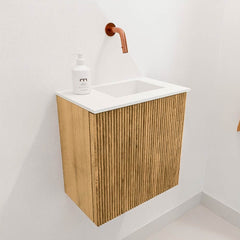 JOYA 40cm toiletmeubel kleur Oak. Wastafel FAYE positie Rechts Zonder kraangat kleur Talc