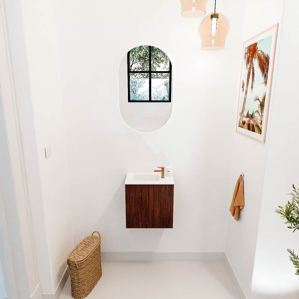 JOYA 40cm toiletmeubel kleur Ruby. Wastafel FAYE positie Links 1 kraangat kleur Talc.
