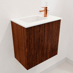 JOYA 40cm toiletmeubel kleur Ruby. Wastafel FAYE positie Links 1 kraangat kleur Talc.
