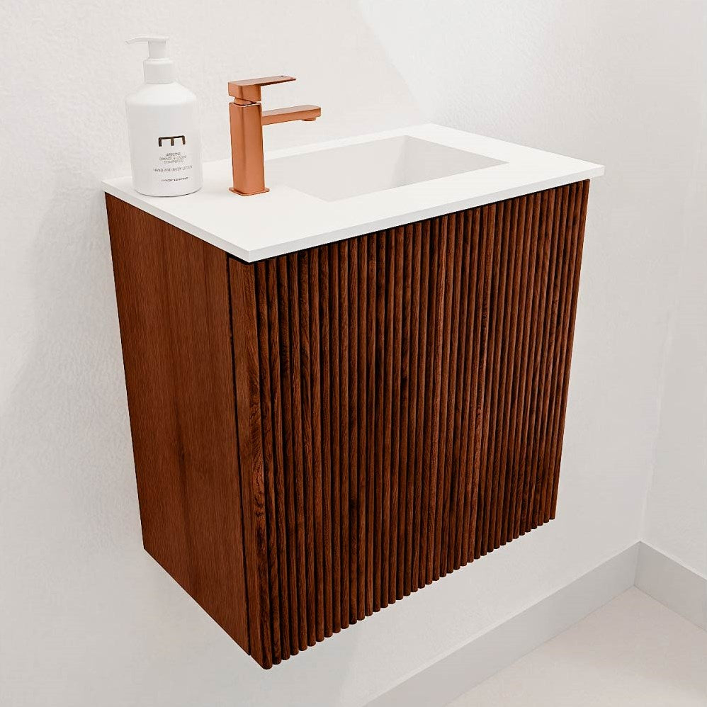 JOYA 40cm toiletmeubel kleur Ruby. Wastafel FAYE positie Rechts 1 kraangat kleur Talc.