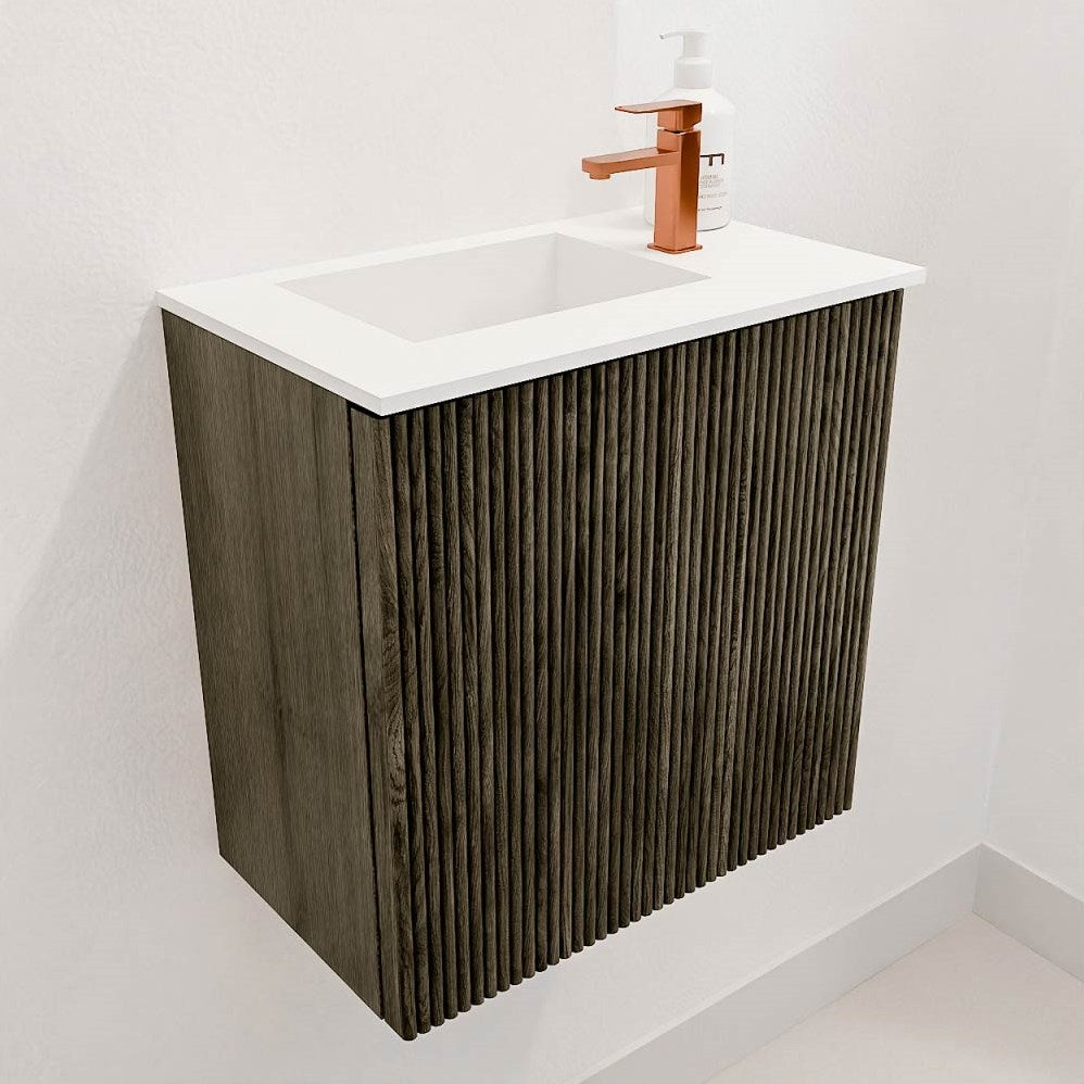 JOYA 40cm toiletmeubel kleur Shadow. Wastafel FAYE positie Links 1 kraangat kleur Talc