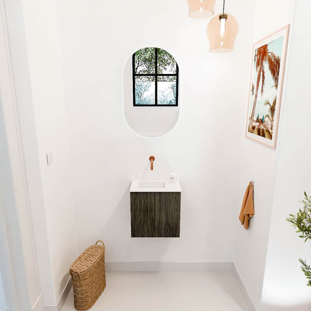 JOYA 40cm toiletmeubel kleur Shadow. Wastafel FAYE positie Links Zonder kraangat kleur Talc