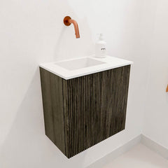 JOYA 40cm toiletmeubel kleur Shadow. Wastafel FAYE positie Links Zonder kraangat kleur Talc