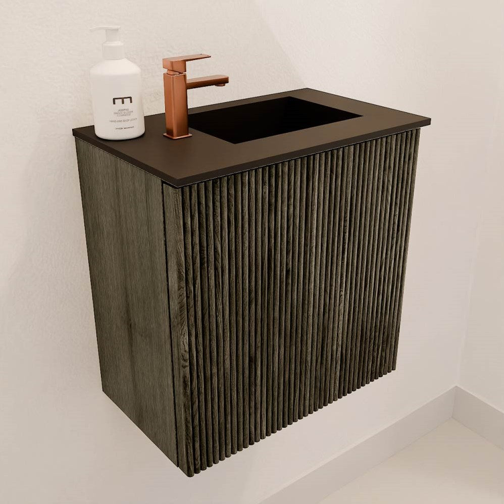 JOYA 40cm toiletmeubel kleur Shadow. Wastafel FAYE positie Rechts 1 kraangat kleur Urban.