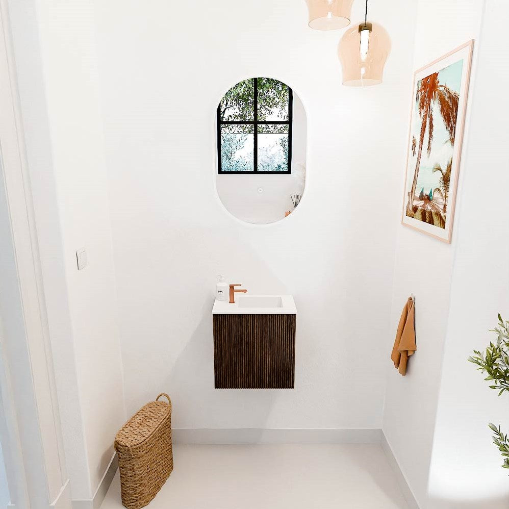 JOYA 40cm toiletmeubel kleur Walnut. Wastafel FAYE positie Rechts 1 kraangat kleur Talc