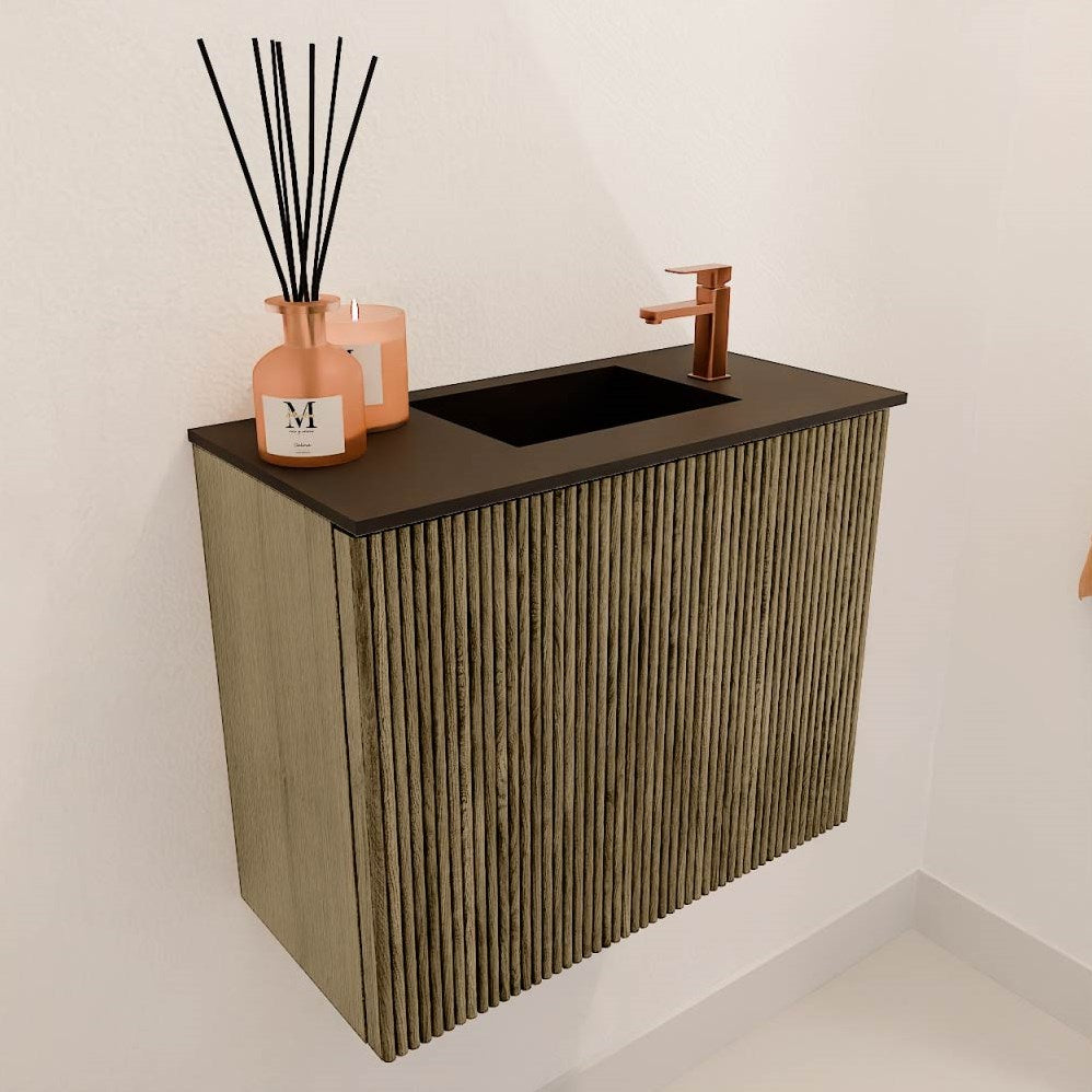 JOYA 50cm toiletmeubel kleur Dusk. Wastafel FAYE positie Rechts 1 kraangat kleur Urban.