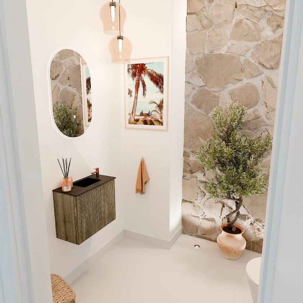 JOYA 50cm toiletmeubel kleur Dusk. Wastafel FAYE positie Rechts 1 kraangat kleur Urban.