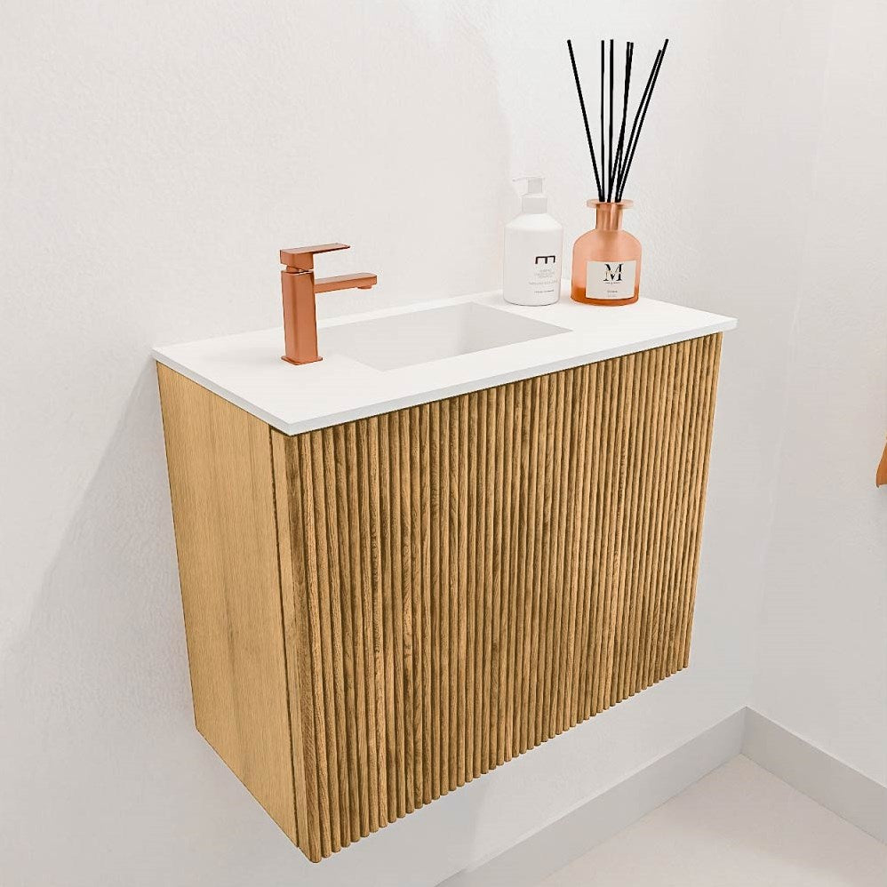 JOYA 50cm toiletmeubel kleur Oak. Wastafel FAYE positie Links 1 kraangat kleur Talc.
