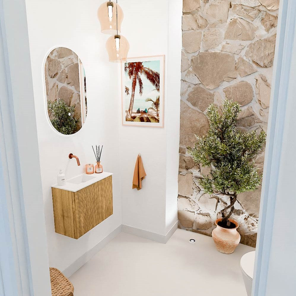 JOYA 50cm toiletmeubel kleur Oak. Wastafel FAYE positie Links Zonder kraangat kleur Talc.