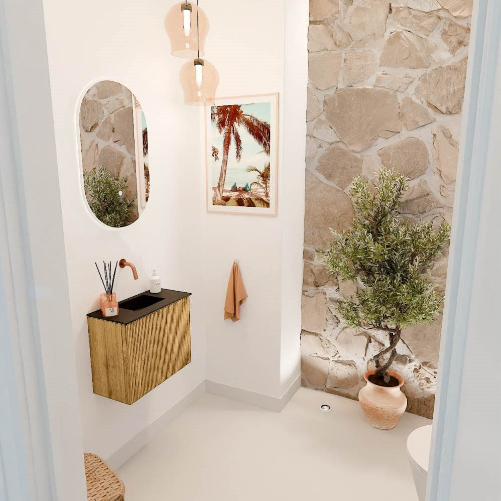JOYA 50cm toiletmeubel kleur Oak. Wastafel FAYE positie Midden Zonder kraangat kleur Urban.