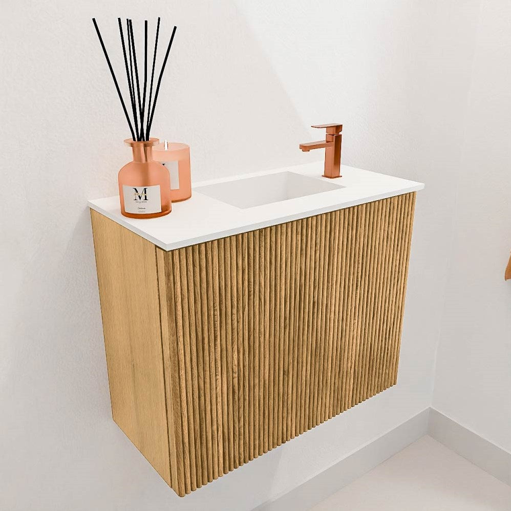 JOYA 50cm toiletmeubel kleur Oak. Wastafel FAYE positie Rechts 1 kraangat kleur Talc.