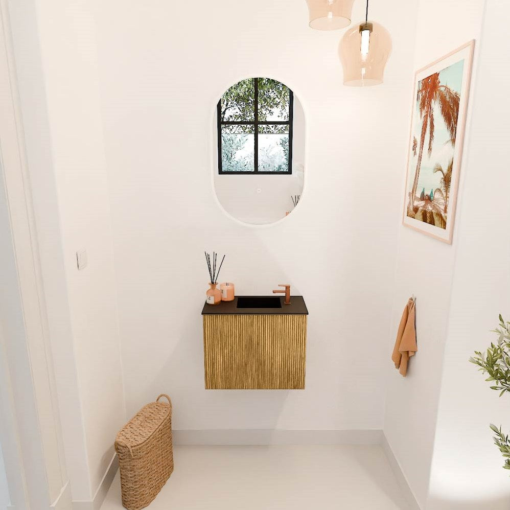 JOYA 50cm toiletmeubel kleur Oak. Wastafel FAYE positie Rechts 1 kraangat kleur Urban.
