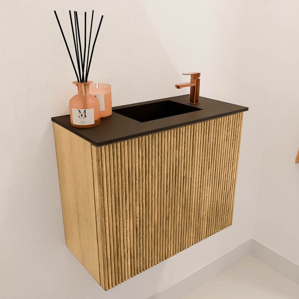 JOYA 50cm toiletmeubel kleur Oak. Wastafel FAYE positie Rechts 1 kraangat kleur Urban.