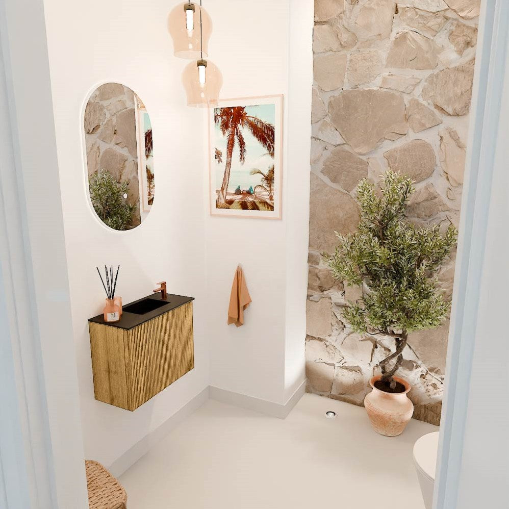 JOYA 50cm toiletmeubel kleur Oak. Wastafel FAYE positie Rechts 1 kraangat kleur Urban.