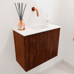 JOYA 50cm toiletmeubel kleur Ruby. Wastafel FAYE positie Rechts Zonder kraangat kleur Talc.