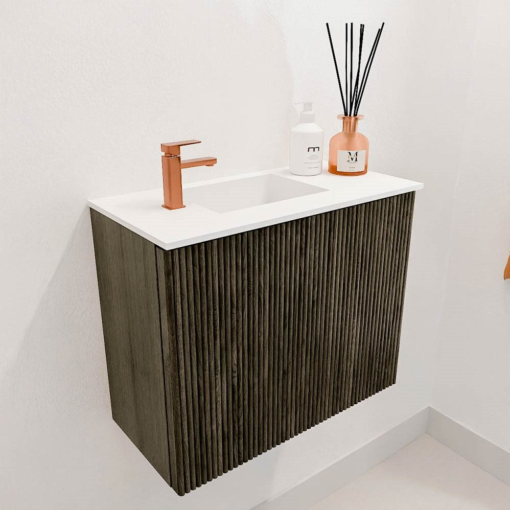 JOYA 50cm toiletmeubel kleur Shadow. Wastafel FAYE positie Links 1 kraangat kleur Talc.