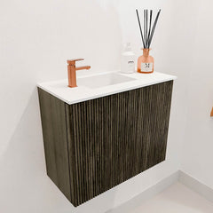 JOYA 50cm toiletmeubel kleur Shadow. Wastafel FAYE positie Links 1 kraangat kleur Talc.