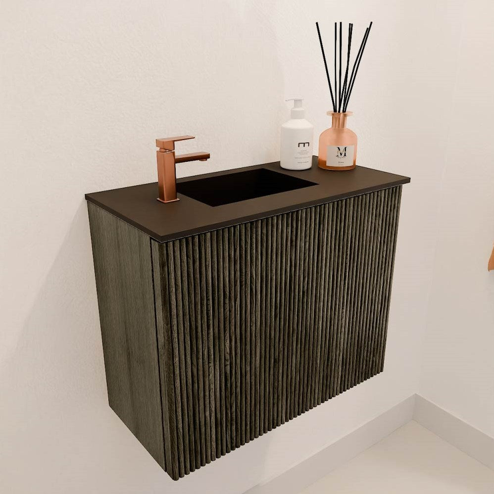JOYA 50cm toiletmeubel kleur Shadow. Wastafel FAYE positie Links 1 kraangat kleur Urban.