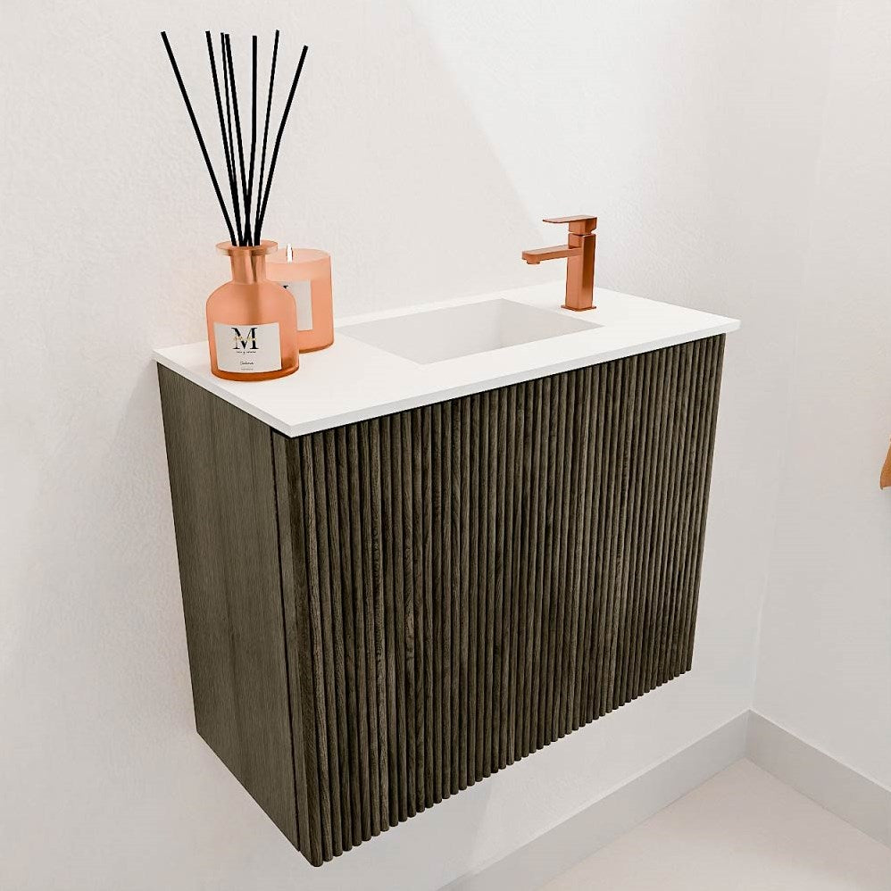 JOYA 50cm toiletmeubel kleur Shadow. Wastafel FAYE positie Rechts 1 kraangat kleur Talc.