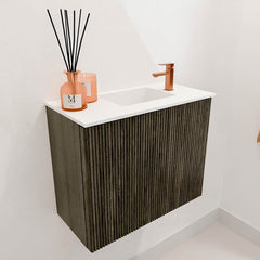 JOYA 50cm toiletmeubel kleur Shadow. Wastafel FAYE positie Rechts 1 kraangat kleur Talc.