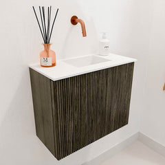 JOYA 50cm toiletmeubel kleur Shadow. Wastafel FAYE positie Rechts Zonder kraangat kleur Talc.