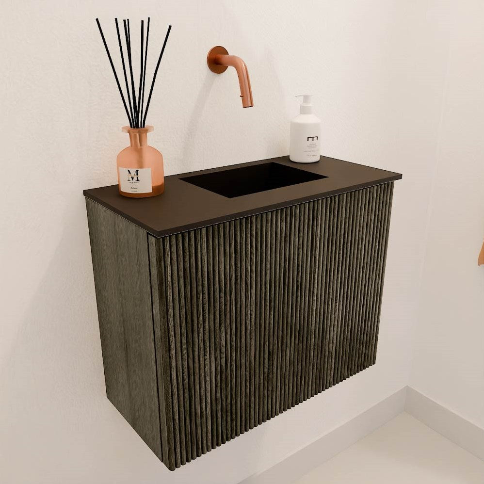 JOYA 50cm toiletmeubel kleur Shadow. Wastafel FAYE positie Rechts Zonder kraangat kleur Urban.