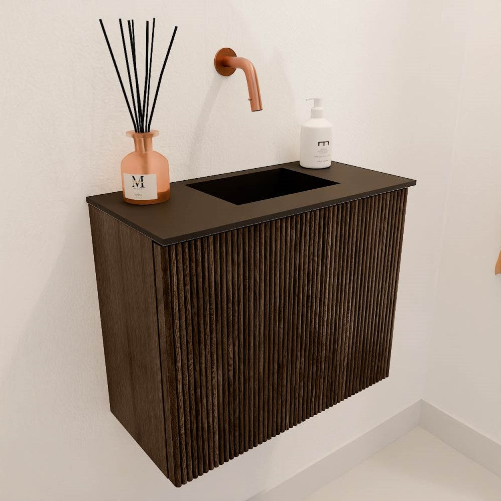 JOYA 50cm toiletmeubel kleur Walnut. Wastafel FAYE positie Rechts Zonder kraangat kleur Urban.